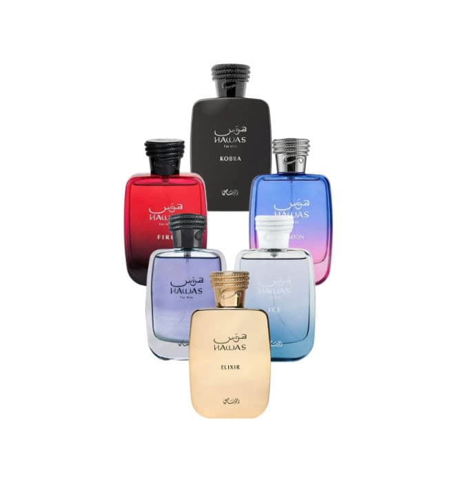 Hawas Series Collection Set – Hawas for Him, Hawas Ice, Hawas Elixir, Hawas Kobra, Hawas Fire & Hawas London 5ml decant set